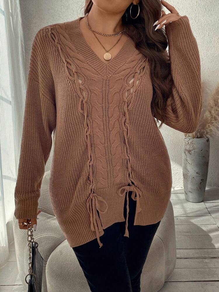 Plus Lace Up Front Drop Shoulder Sweater