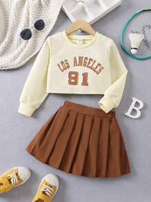 SHEIN 女小童字母圖案套頭衫&百褶半身裙