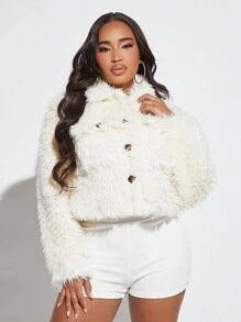 SHEIN SXY 素色前紐扣毛茸茸外套 - 白色 - 查看 4