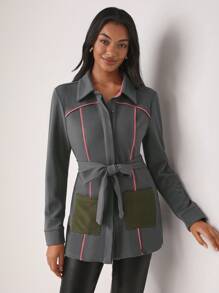 Lillian Butterworth Contrast Piping Pocket Patched Belted Coat