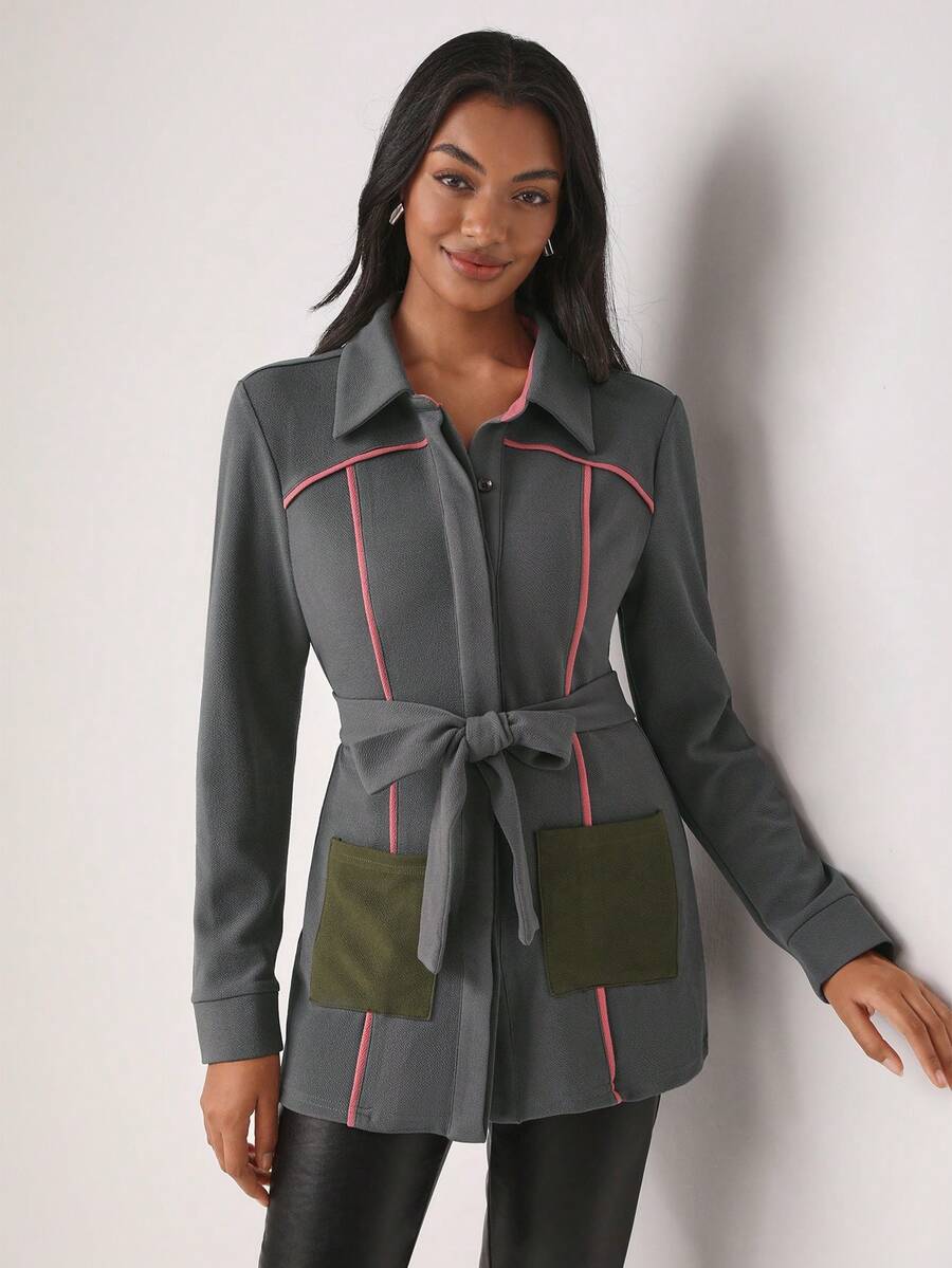 Lillian Butterworth Contrast Piping Pocket Patched Belted Coat