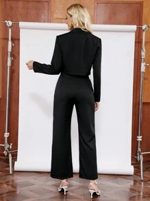 SHEIN Clasi 素色西裝領西裝外套和褲子 - 黑色 - 查看 2