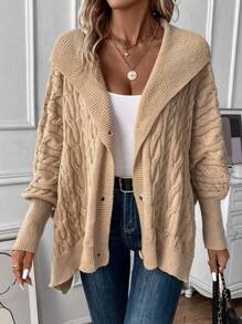 SHEIN LUNE Cable Knit Batwing Sleeve Hooded Cardigan - Khaki - View 4