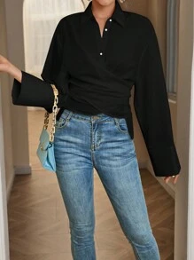 SHEIN Privé 淨色後繫帶裹身襯衫 - 黑色 - 查看 4