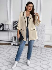 SHEIN Franclia Plus Contrast Binding Roll Tab Sleeve Blazer - Apricot - View 4