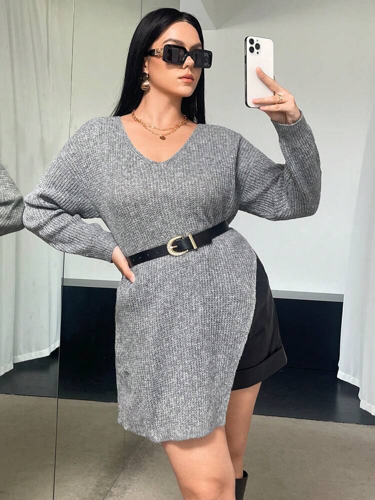 Plus Drop Shoulder Split Hem Sweater Without Belt