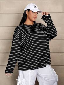 SHEIN EZwear 大尺碼落肩寬鬆條紋長袖t卹 - 黑色 - 查看 5