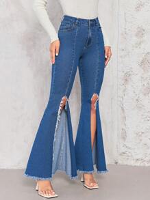 SHEIN Privé Split Thigh Flare Leg Jeans - Dark Wash - View 4