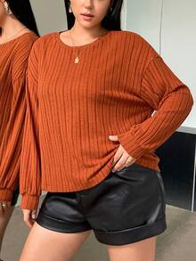 SHEIN Essnce Talla grande Camiseta de hombros caídos tejido de canalé - Naranja Quemada - Ver 5