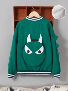 SHEIN 男大童卡通圖案3D耳朵設計條紋飾邊落肩袖加絨內裏學院風夾克 - 墨綠色 - 查看 1