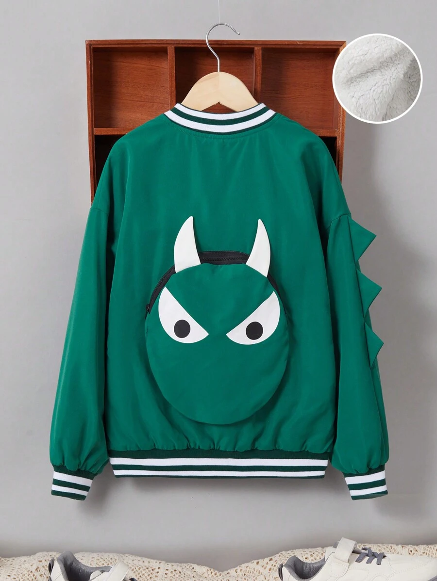 SHEIN 男大童卡通圖案3D耳朵設計條紋飾邊落肩袖加絨內裏學院風夾克 - 墨綠色 - 查看 1