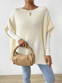 SHEIN Essnce 蝙蝠翼袖開衩下擺羅紋針織斗篷 - 杏色 - 查看 3