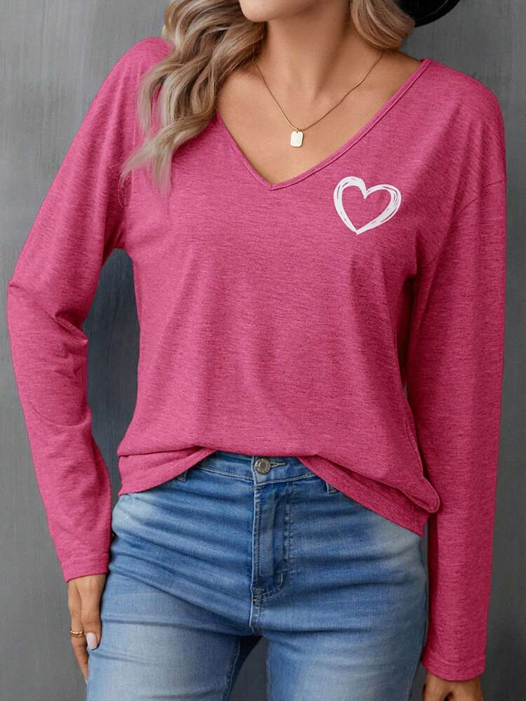 Heart Print Drop Shoulder Tee,Casual