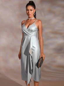 GENKIRA Vestido camisero liso con ribete de volantes - Plateado - Ver 3