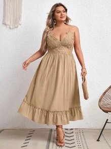 SHEIN VCAY Plus Guipure Lace Insert Ruffle Hem Cami Dress - Khaki - View 3