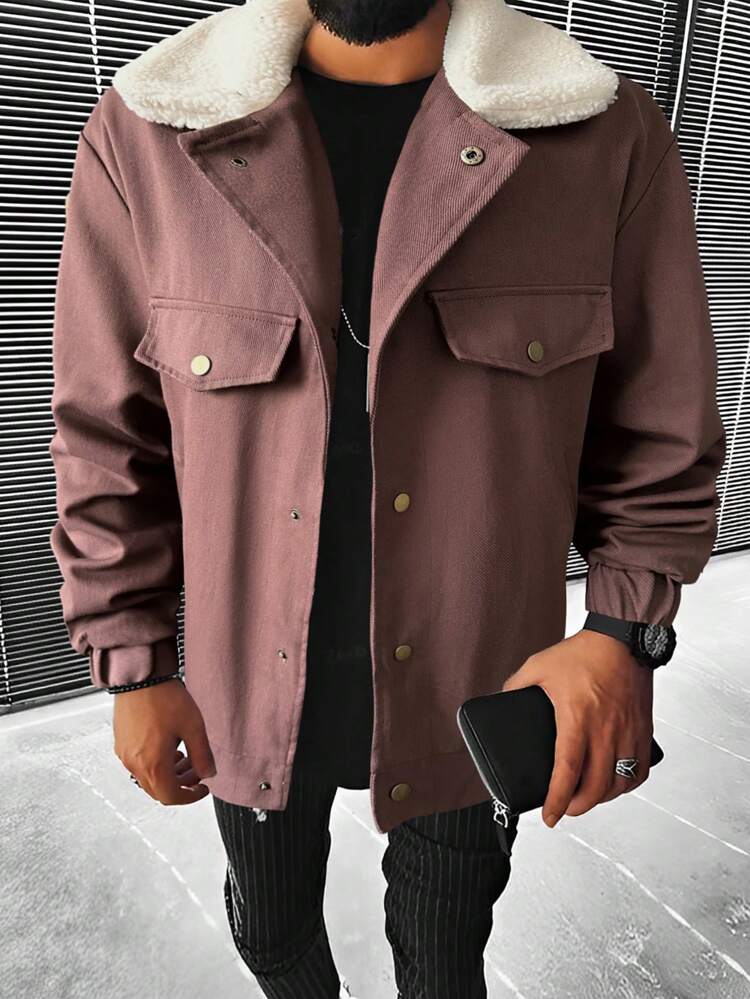 Loose Fit Men's Jacket With Borg Collar And Flap Detail