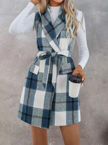 SHEIN Essnce Plaid Print Belted Vest Dress Without Sweater - Blue - View 5