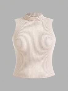 SHEIN BASICS 大碼1 入組高領羅紋針織上衣 - 杏色 - 查看 8