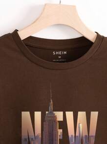 SHEIN Essnce Áo thun đồ họa xây dựng và chữ cái - Cà phê nâu - Xem 3