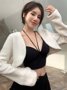 DAZY Solid Crop Teddy Jacket,Thermal Lined - Beige - View 5