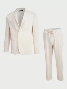 Manfinity VCAY Men Solid Blazer & Tie Waist Pants - Beige - View 1