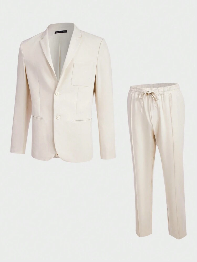 Men Solid Blazer & Tie Waist Pants
