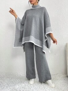 Turtleneck Batwing Sleeve Sweater & Knit Pants - Grey - View 4