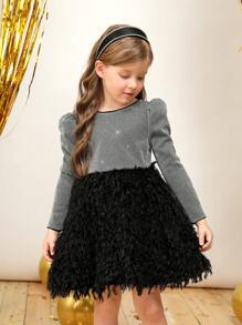 女小童拼接毛茸茸後綁帶蝴蝶結羊腿袖派對禮服適用於聖誕 - 彩色 - 查看 2