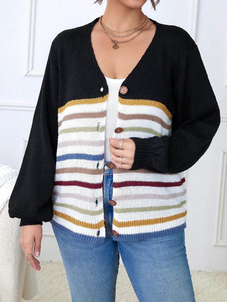 Calvaya Plus Striped Pattern Lantern Sleeve Cardigan Fall Cloth For Women - Multicolor - View 1