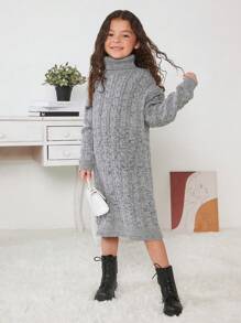 Tween Girl Turtleneck Cable Knit Drop Shoulder Sweater Dress - Grey - View 4
