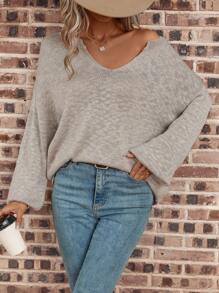 SHEIN LUNE 落肩袖套頭毛衣 - 杏色 - 查看 1