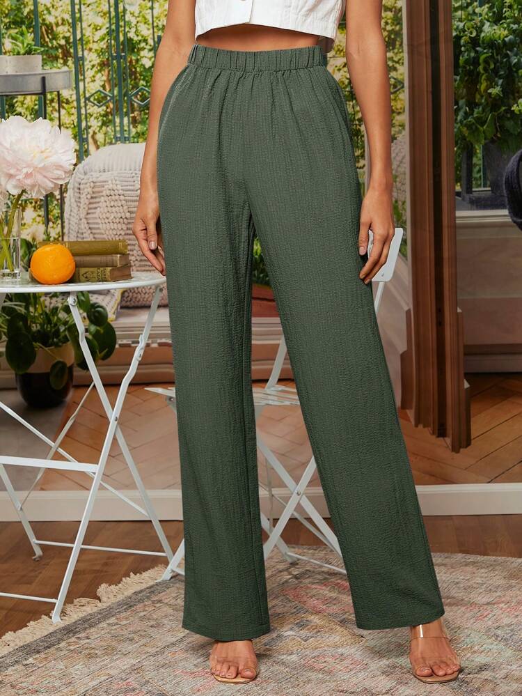 Solid Elastic Waist Straight Leg Pants