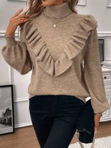 SHEIN LUNE 高領荷葉邊燈籠袖套頭毛衣 - 卡其色 - 查看 1
