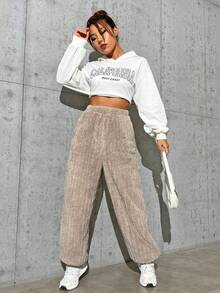 SHEIN EZwear 素色斜口袋絨毛長褲 - 卡其色 - 查看 4