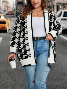 SHEIN Clasi Hơn Đồ họa Houndstooth Thả vai Áo len Duster - Nhiều màu - Xem 3