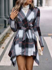 SHEIN LUNE Plaid Print Asymmetrical Hem Belted Overcoat - Multicolor - View 3