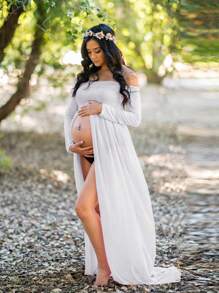 Maternity Off Shoulder Split Thigh Dress With Long Sleeve For Maternity Photoshoot - White - View 1