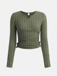 Teen Girl Notched Neck Drawstring Side Ruched Side Tee - Army Green - View 1