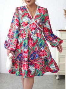 SHEIN LUNE Plus Paisley Print Guipure Lace Insert Lantern Sleeve Ruffle Hem Dress - Multicolor - View 5