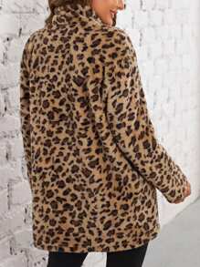 EMERY ROSE Leopard Open Front Teddy Coat - Multicolor - View 2