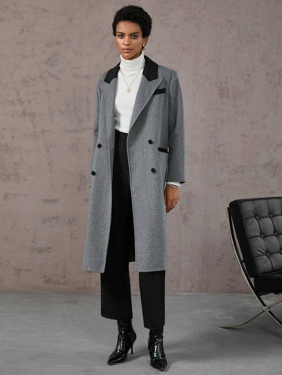 GENKIRA Contrast Collar Double Breasted Overcoat Fall Cloth For Women - Grey - View 1