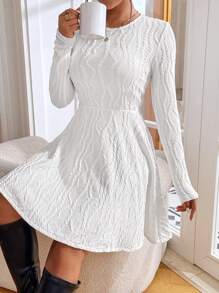 SHEIN Essnce Ladies" Solid Color Textured Long Sleeve Round Neck Dress Without Belt - White - View 5