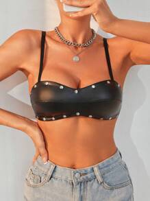 Studded Detail PU Leather Bralette - Red - View 1