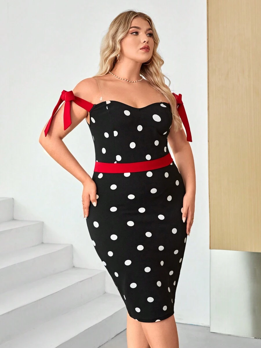 SHEIN Privé Plus Polka Dot Print Off Shoulder Dress - Black and White - View 1