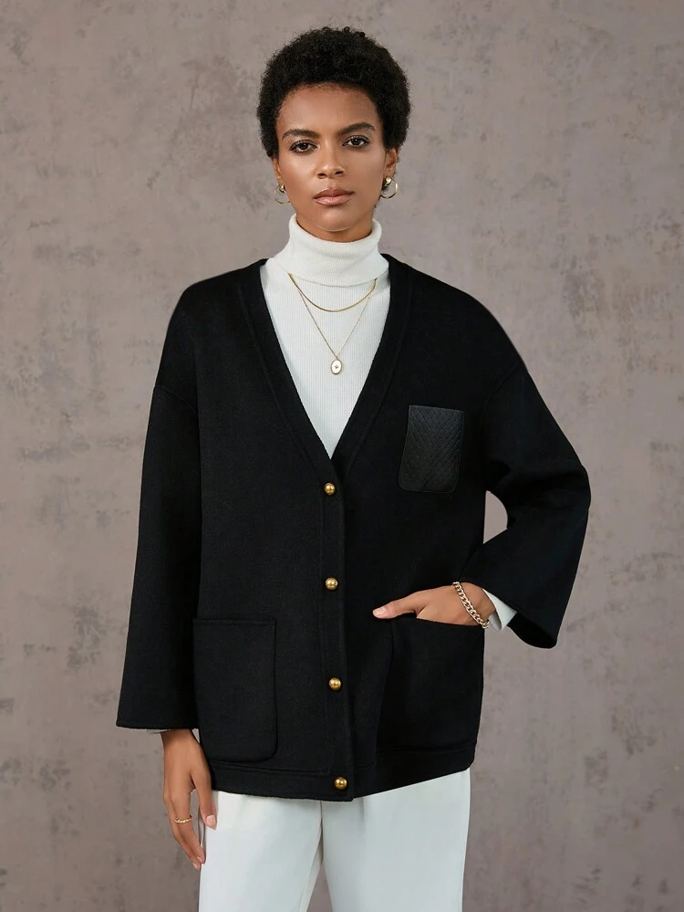 Solid Button Front Dual Pocket Drop Shoulder Overcoat Fall Cloth For Women