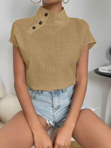 SHEIN Privé Button Detail Batwing Sleeve Mock Neck Button Detail Blouse - Mocha Brown - View 4