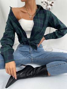 SHEIN Unity 格紋印花前紐扣襯衫 - 綠色 - 查看 5