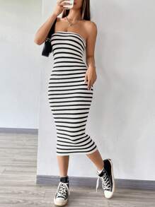 Flirla Váy len ống họa tiết sọc - Đen và trắng - Xem 3