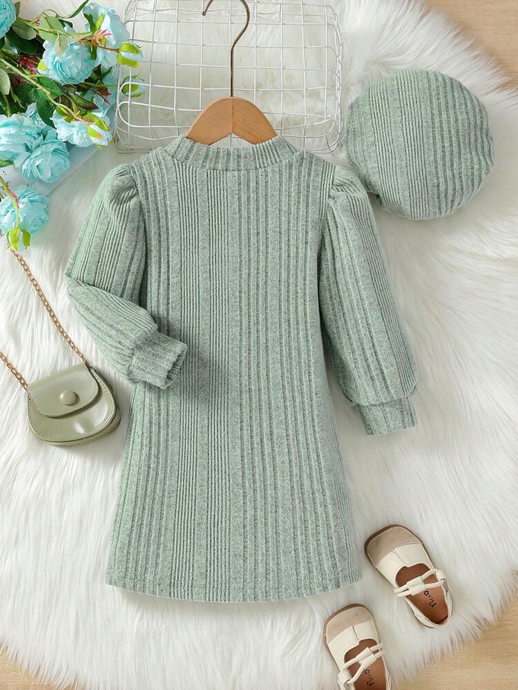 Young Girl Heart Patched Sweatshirt Dress & Hat