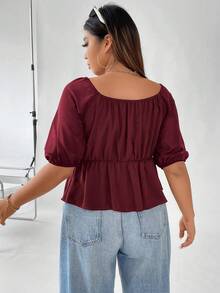 Flirla Plus Tie Front Ruched Bust Puff Sleeve Knot Front Peplum Blouse - Burgundy - View 2